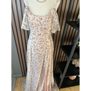 DB studio floral maxi bridesmaids dress sz 2 off the shoulder sleeves light &com